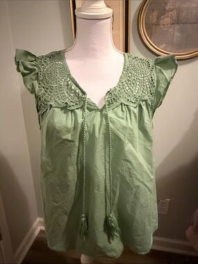 Wonderly Sage Green Crochet Yoke Tassel Top